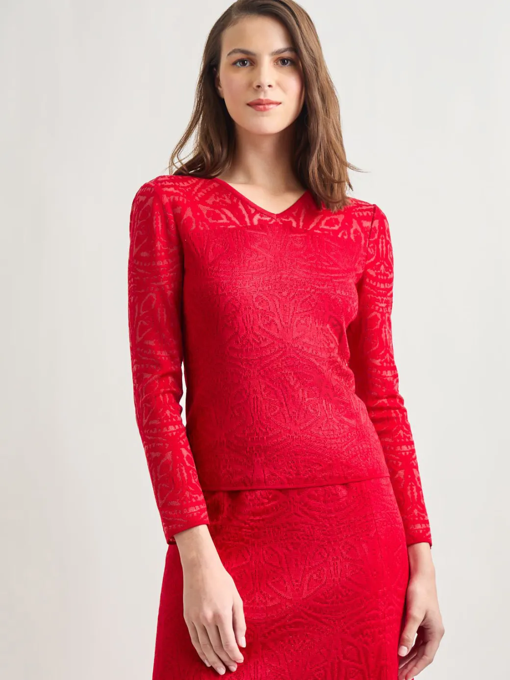 Tonal Patterned V-Neck Burnout Knit Top|Misook Clearance