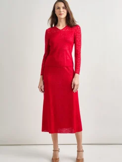 Tonal Patterned V-Neck Burnout Knit Top|Misook Clearance