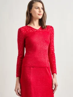 Tonal Patterned V-Neck Burnout Knit Top|Misook Clearance