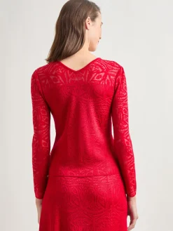 Tonal Patterned V-Neck Burnout Knit Top|Misook Clearance