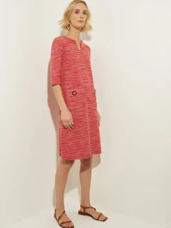 Tweed Knit Shift Dress with Pockets, Sunset Red|Misook Outlet