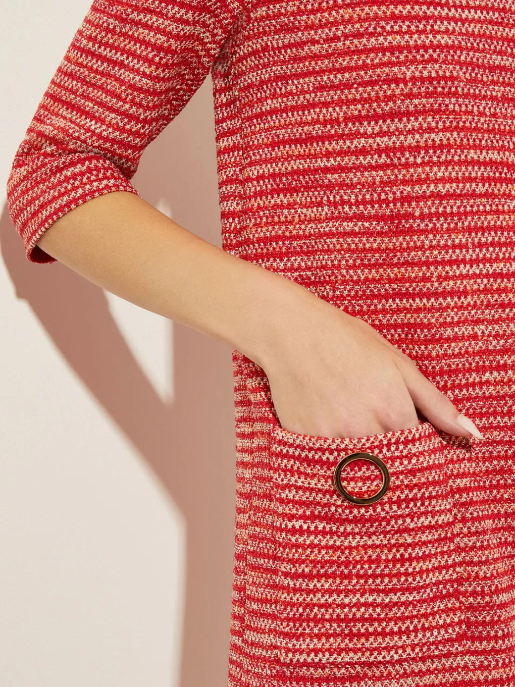Tweed Knit Shift Dress with Pockets, Sunset Red|Misook Outlet