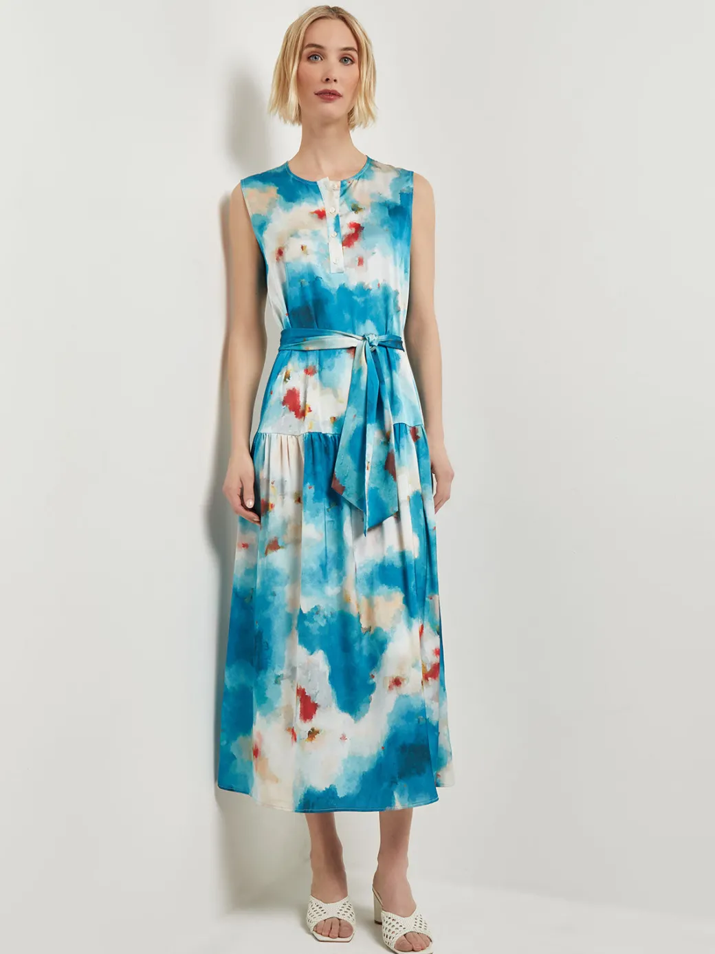 Watercolor Removable Shawl Collar Crepe Maxi Dress|Misook Clearance