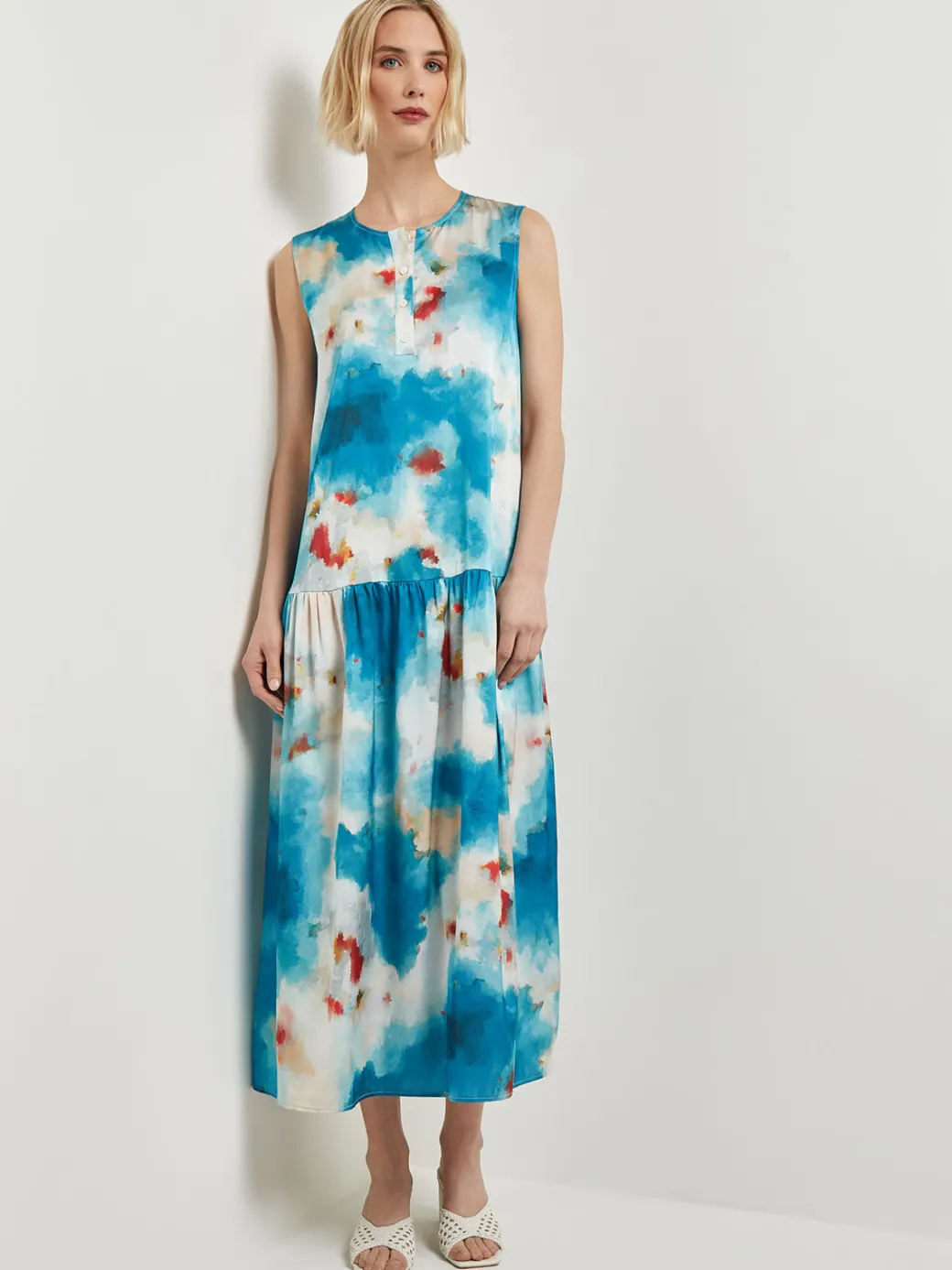 Watercolor Removable Shawl Collar Crepe Maxi Dress|Misook Clearance