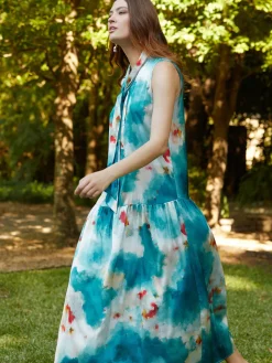 Watercolor Removable Shawl Collar Crepe Maxi Dress|Misook Clearance