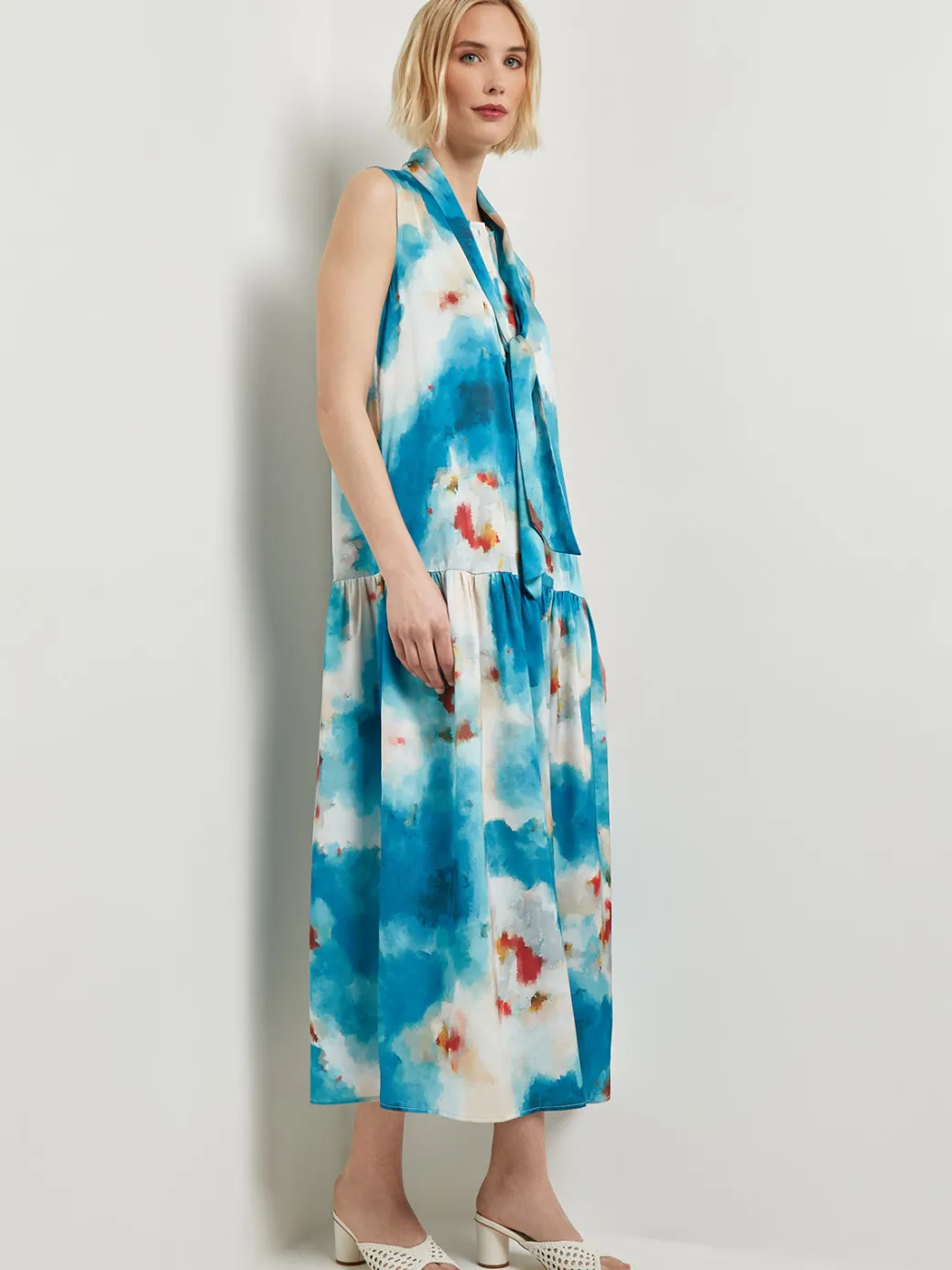 Watercolor Removable Shawl Collar Crepe Maxi Dress|Misook Clearance