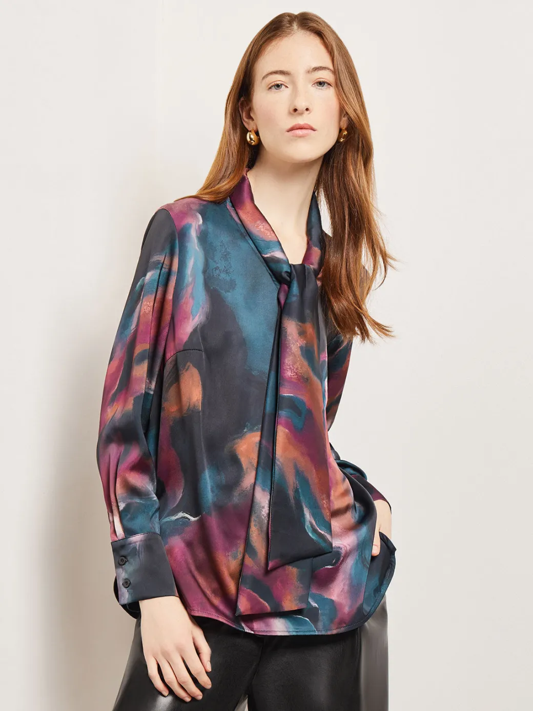 Watercolor Tie Neck Crepe de Chine Blouse|Misook Hot