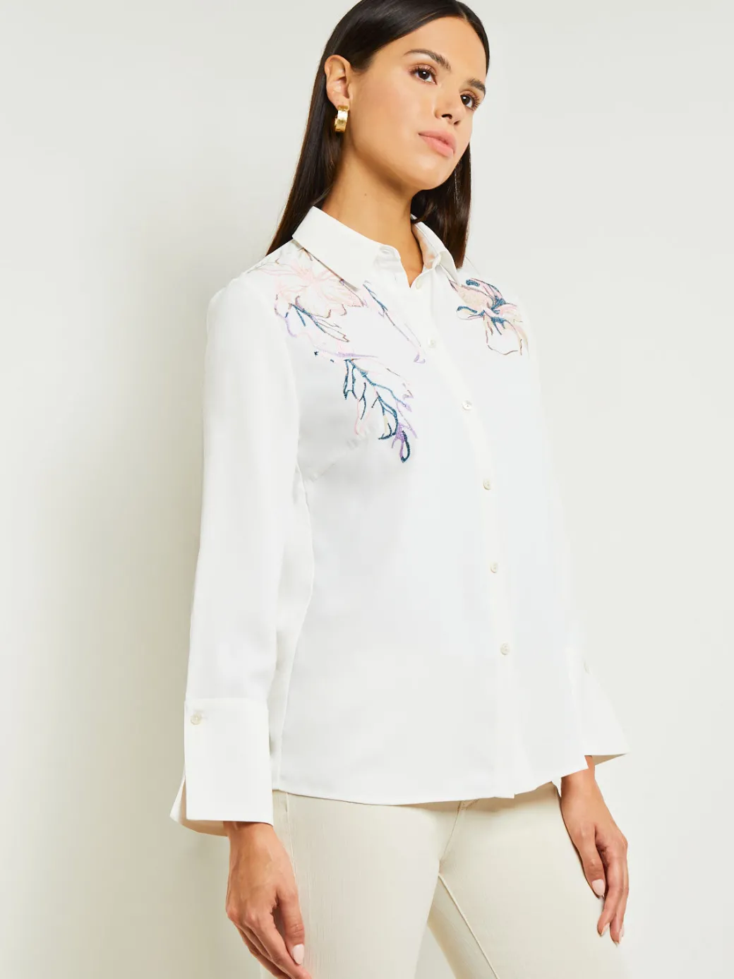 White Floral Top - Crepe de Chine Blouse ||Misook Outlet