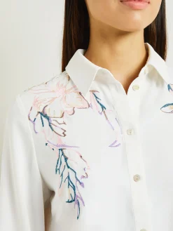 White Floral Top - Crepe de Chine Blouse ||Misook Outlet