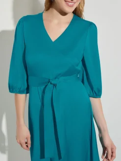 Woven Tie-Waist Balloon Sleeve Dress|Misook Online